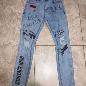 Ksubi Distressed Light Blue Skinny Jeans with Graphic Details